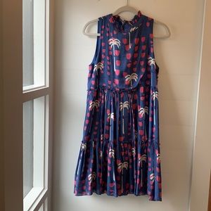 Oliphant high necked midi dress is fun palm print